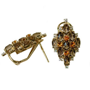 Náušnice s diamanty, citríny a záhnědy, žluté zlato