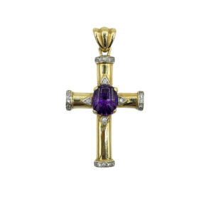 Zlatý kříž s fialovým a čirými zirkony